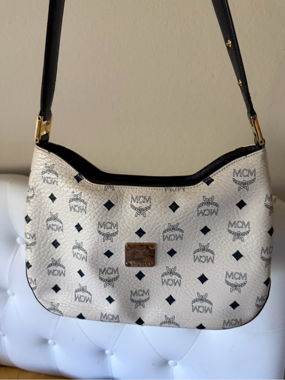 MCM White Visetos Logo Shoulder Bag with Black Trim